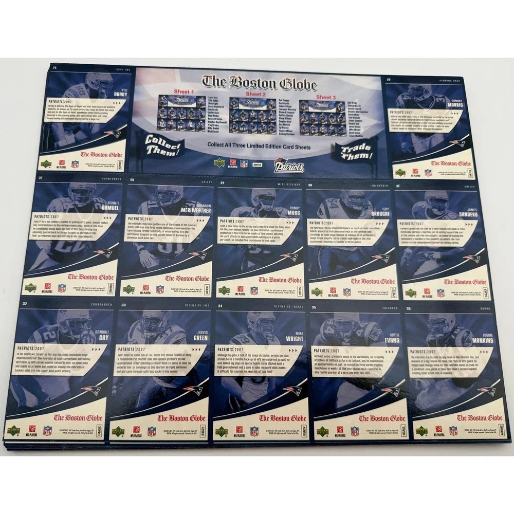 Lot of 12 2007 Upper Deck Boston Globe New England Patriots Sheet 3 Moss Bruschi